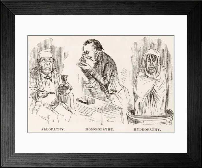 Framed Print : Allopathy - Homeopathy - Hydropathy - the options available in the 1850s Date: 1853 Framed Print : Allopathy - Homeopathy - Hydropathy - the options available in the 1850s Date: 1853