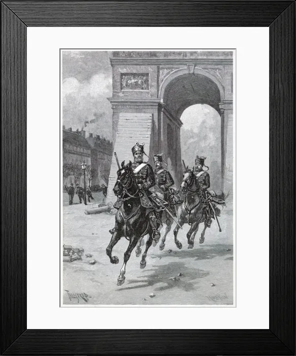 Framed Print : Three Hussars ride down the Champs Elysees Date: 1 March 1871 Framed Print : Three Hussars ride down the Champs Elysees Date: 1 March 1871