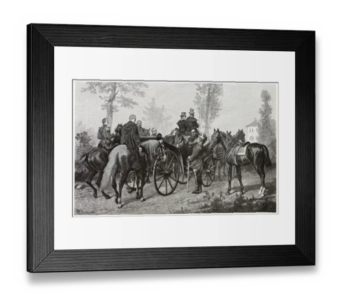 Framed Print : After the defeat of the French army at Sedan, Napoleon III is greeted by Bismarck Framed Print : After the defeat of the French army at Sedan, Napoleon III is greeted by Bismarck