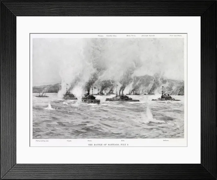Framed Print : NAVAL BATTLE OF SANTIAGO The rival warships engage at close quarters Date: 3 July 1898 Framed Print : NAVAL BATTLE OF SANTIAGO The rival warships engage at close quarters Date: 3 July 1898