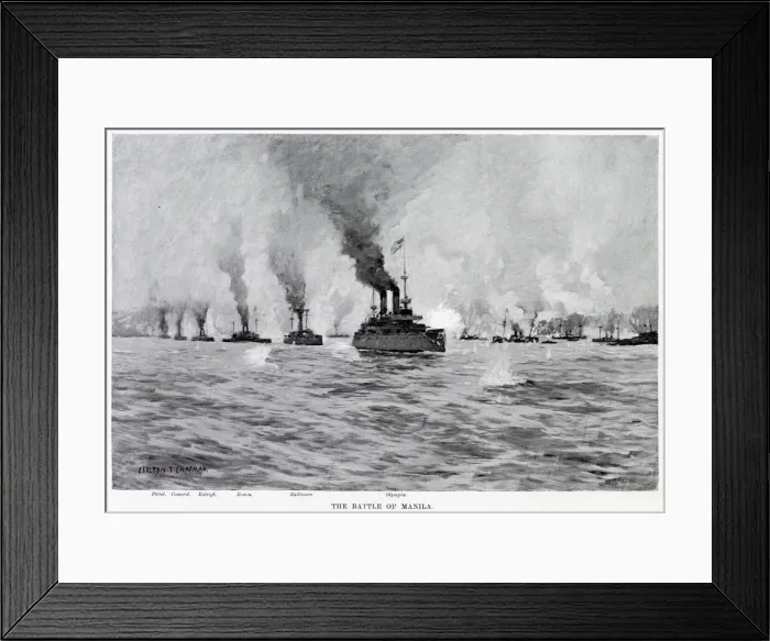 Framed Print : NAVAL BATTLE OF MANILA The American fleet under Dewey totally destroys the Spanish fleet Framed Print : NAVAL BATTLE OF MANILA The American fleet under Dewey totally destroys the Spanish fleet