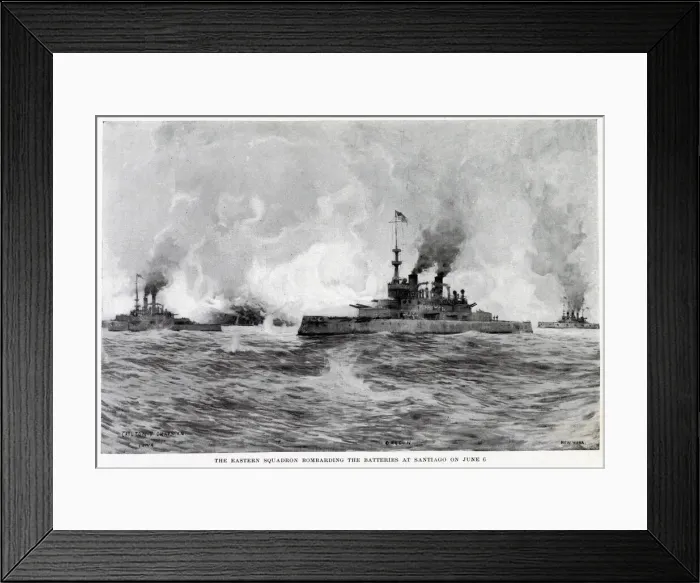 Framed Print : BOMBARDMENT OF SANTIAGO The Eastern Squadron bombards the Spanish batteries Date Framed Print : BOMBARDMENT OF SANTIAGO The Eastern Squadron bombards the Spanish batteries Date