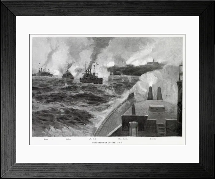 Framed Print : United States warships bombard San Juan, which will later be taken by the ground forces Framed Print : United States warships bombard San Juan, which will later be taken by the ground forces