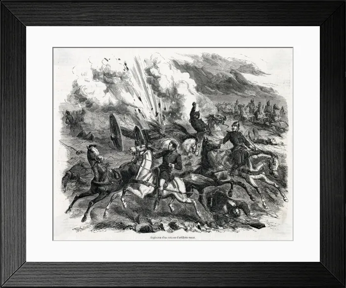 Framed Print : A Russian wagon, bringing up supplies of ammunition, is blown up by a French shell Framed Print : A Russian wagon, bringing up supplies of ammunition, is blown up by a French shell