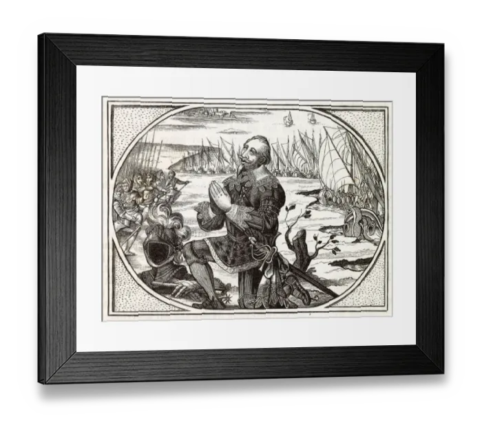 Framed Print : Gustavus Adolphus lands at Peenemunde and falls on his knees to thank God for bringing Framed Print : Gustavus Adolphus lands at Peenemunde and falls on his knees to thank God for bringing