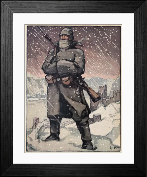 Framed Print : A German guard on night watch in the middle of winter. Date: 1916 Framed Print : A German guard on night watch in the middle of winter. Date: 1916