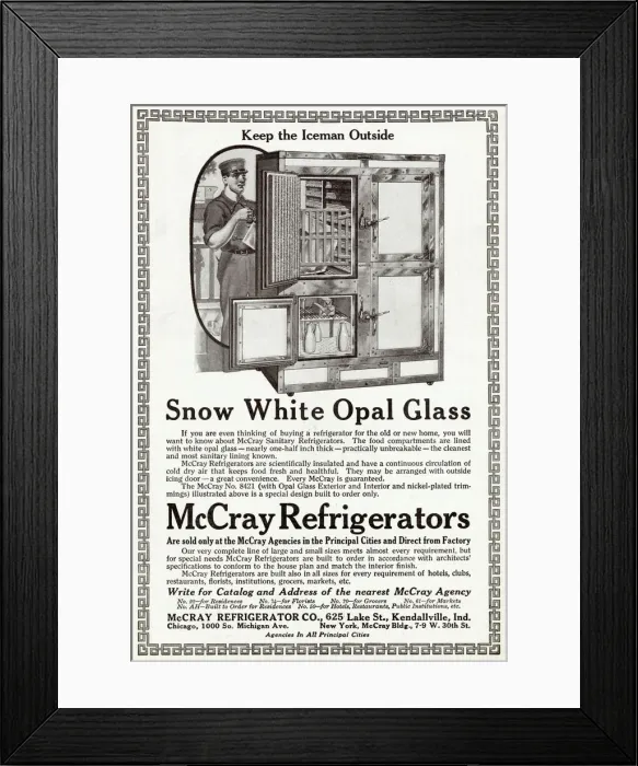 Framed Print : American advert for McCray Refrigerators - Snow White Opal Glass Framed Print : American advert for McCray Refrigerators - Snow White Opal Glass