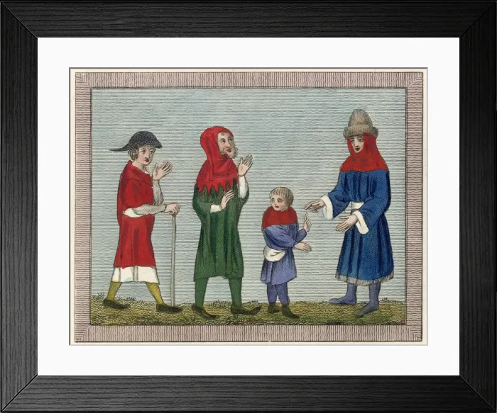 Framed Print : Three men and a boy dressed for travel; one wears a hood Date: 14th century Framed Print : Three men and a boy dressed for travel; one wears a hood Date: 14th century