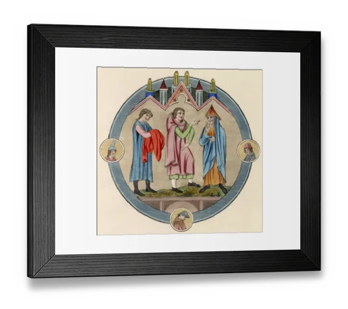 Framed Print : Three men, one in an ankle=length gown, the others in shorter garments Date Framed Print : Three men, one in an ankle=length gown, the others in shorter garments Date