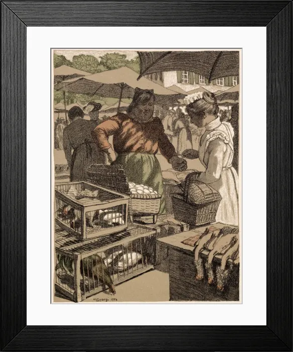 Framed Print : Buying produce from a stall in a German village market selling chickens and eggs Framed Print : Buying produce from a stall in a German village market selling chickens and eggs