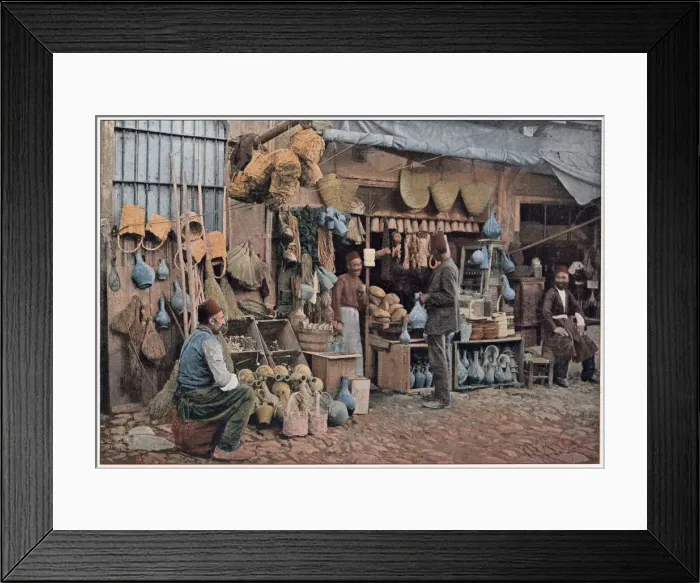 Framed Print : A Turkish stall selling brushes, baskets, pots and much more Date: 1890s Framed Print : A Turkish stall selling brushes, baskets, pots and much more Date: 1890s