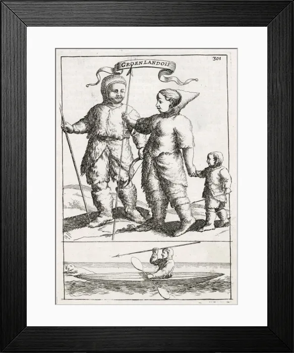 Framed Print : GREENLANDERS An eskimo family, and a hunter in his kayak. Date: 1719 Framed Print : GREENLANDERS An eskimo family, and a hunter in his kayak. Date: 1719
