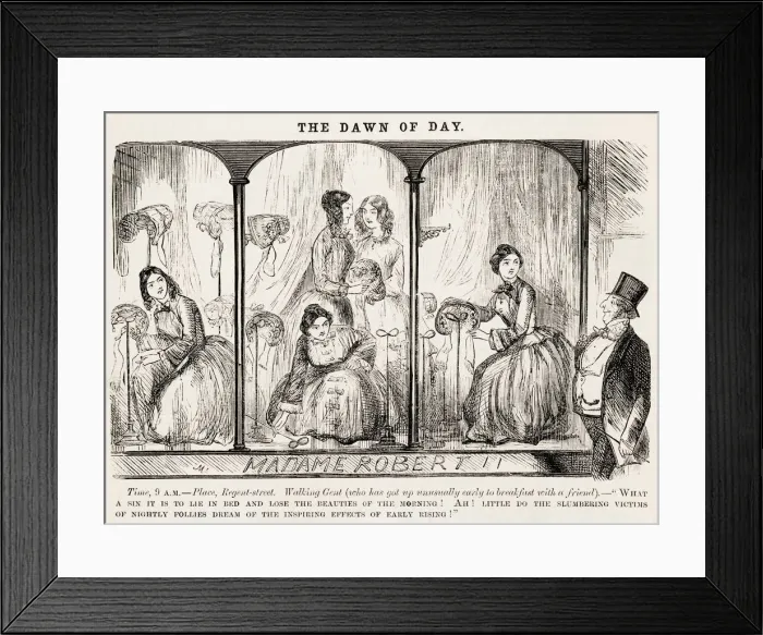 Framed Print : Ladies dress a window at Madame Roberts store Date: 1853 Framed Print : Ladies dress a window at Madame Roberts store Date: 1853