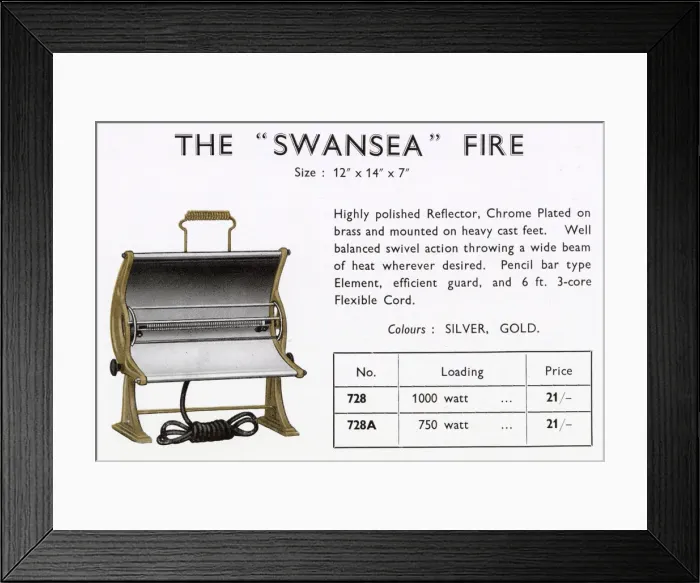Framed Print : The Swansea electric fire, single bar, chrome-plated, price one guinea Framed Print : The Swansea electric fire, single bar, chrome-plated, price one guinea