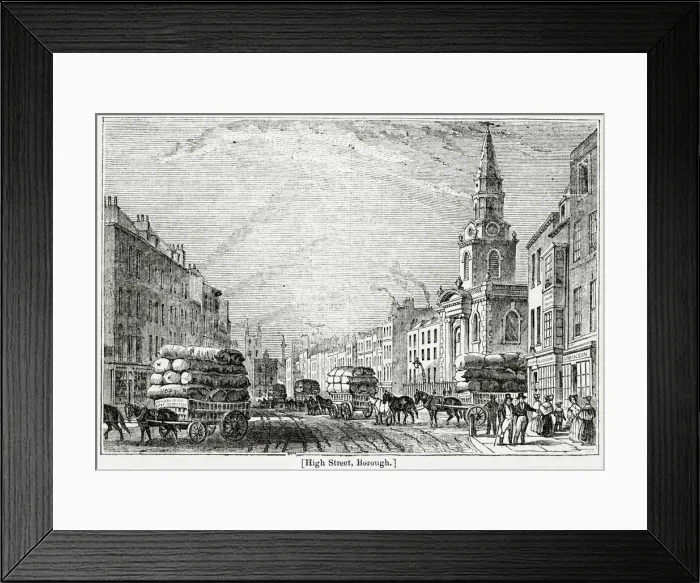 Framed Print : Horses and carriages transport goods along a busy Borough High Street Framed Print : Horses and carriages transport goods along a busy Borough High Street