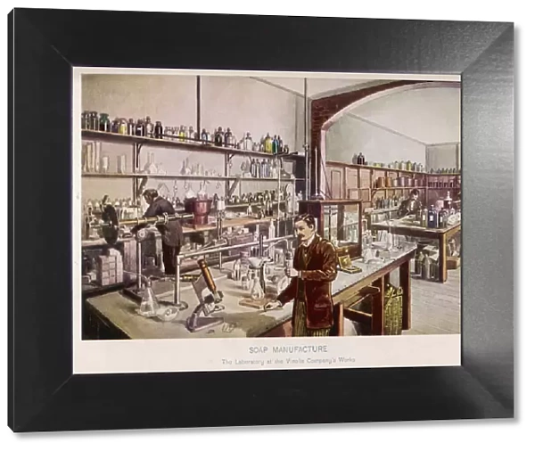 Scientists at work in a laboratory at Vinolia Soap Co. Date: 1911