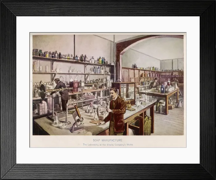 Framed Print : Scientists at work in a laboratory at Vinolia Soap Co. Date: 1911 Framed Print : Scientists at work in a laboratory at Vinolia Soap Co. Date: 1911