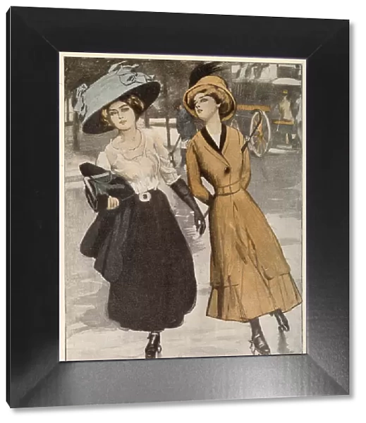 Two fashionable girls skate picturesquely down the street. Date: 1910