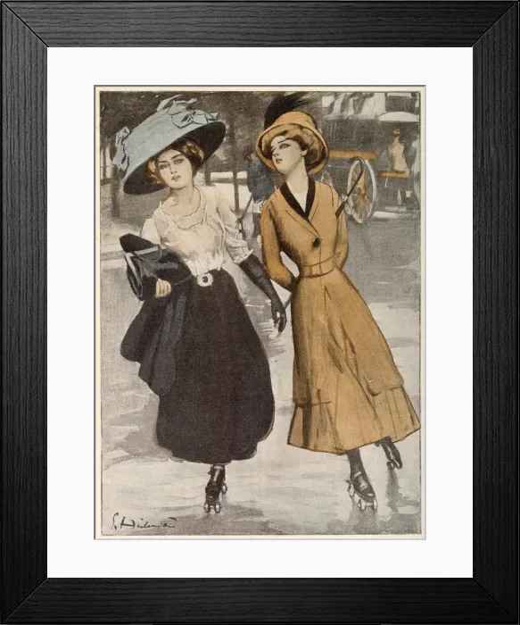 Framed Print : Two fashionable girls skate picturesquely down the street. Date: 1910 Framed Print : Two fashionable girls skate picturesquely down the street. Date: 1910