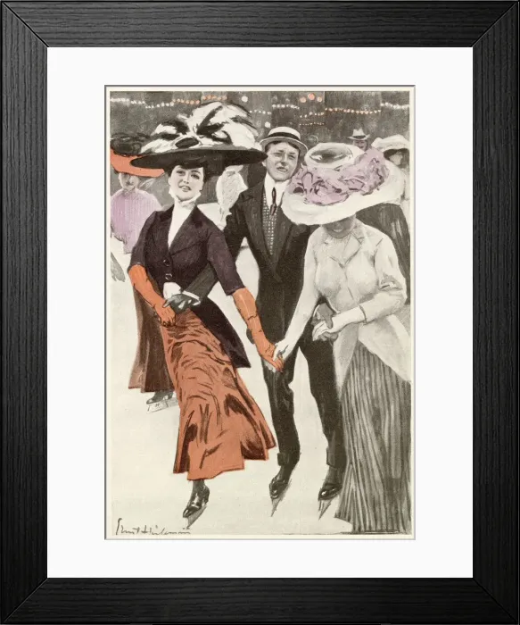 Framed Print : Two women, each wearing extravagant hats, and a man go ice skating. Date: 1910 Framed Print : Two women, each wearing extravagant hats, and a man go ice skating. Date: 1910