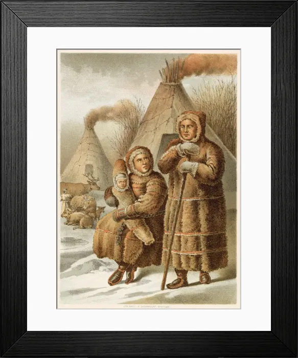 Framed Print : A family of Lapps with tents and reindeer. Date: 1880 Framed Print : A family of Lapps with tents and reindeer. Date: 1880