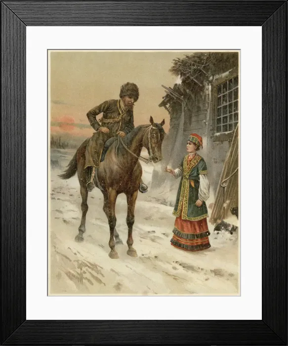 Framed Print : A Tartar on horseback halts in the snow at sunset for a warming drink Date Framed Print : A Tartar on horseback halts in the snow at sunset for a warming drink Date