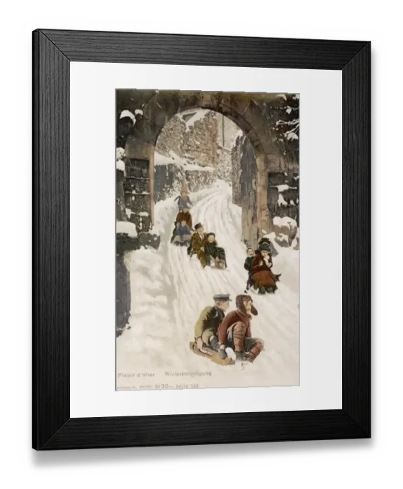 Framed Print : Several toboggans travel underneath a stone arch. Date: circa 1905 Framed Print : Several toboggans travel underneath a stone arch. Date: circa 1905
