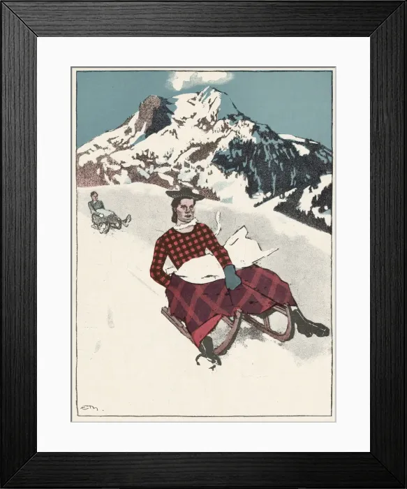 Framed Print : A woman in a red checked outfit travels down a slope on a toboggan. Date: 1910 Framed Print : A woman in a red checked outfit travels down a slope on a toboggan. Date: 1910