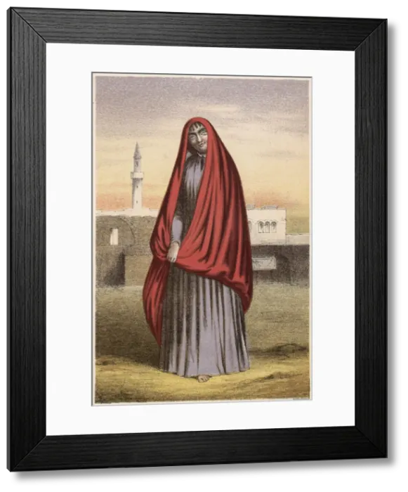 Framed Print : Bedouin woman in a red cloak Date: 19th century Framed Print : Bedouin woman in a red cloak Date: 19th century