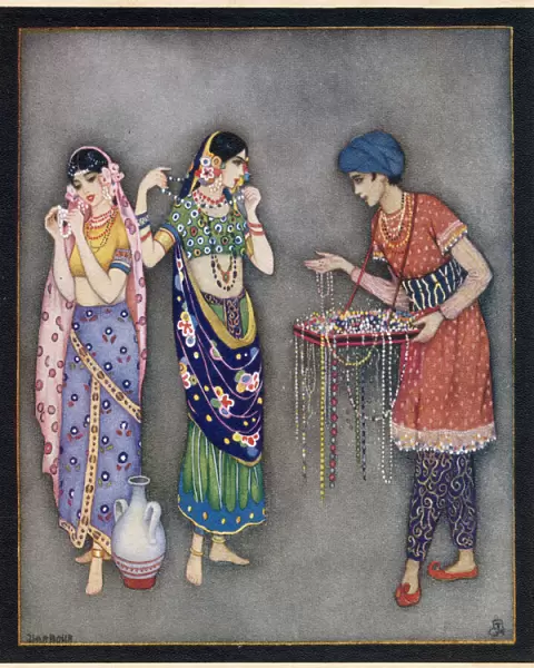 Two Indian women are approached by a bead merchant Date: early 20th century?