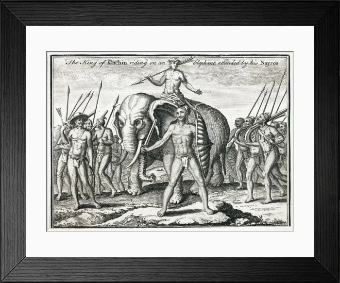 Framed Print : The King of Cochin riding on an elephant, attended by his Nayros Date: 1752 Framed Print : The King of Cochin riding on an elephant, attended by his Nayros Date: 1752