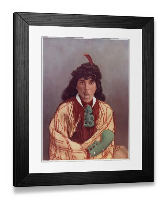 Framed Print : Maori woman in traditional dress, with a greenstone ornament and a club Date Framed Print : Maori woman in traditional dress, with a greenstone ornament and a club Date