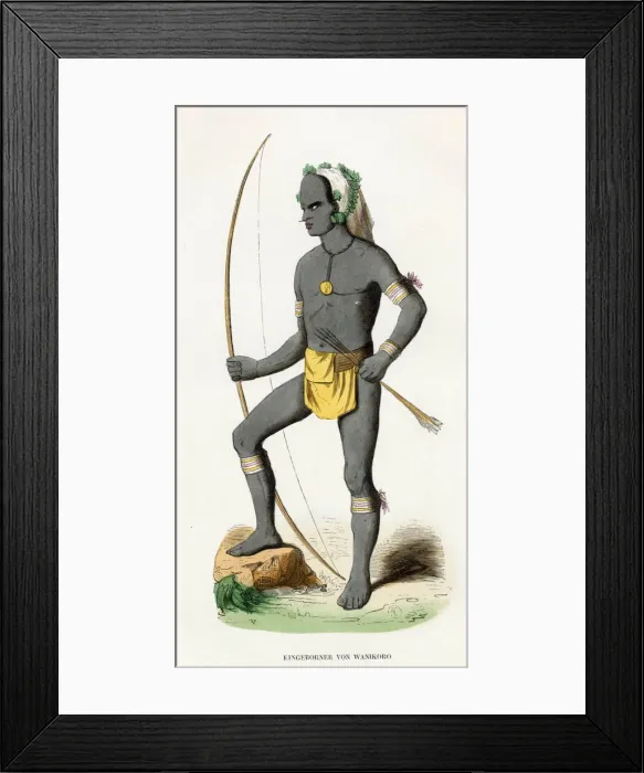 Framed Print : New Hebrides: a native of Vanikoro with bow and arrows Date: 19th century Framed Print : New Hebrides: a native of Vanikoro with bow and arrows Date: 19th century