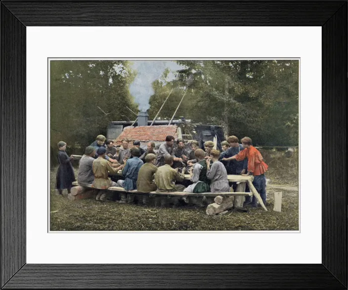 Framed Print : Russian workers taking their communal meal out in the open air Date: 1890s