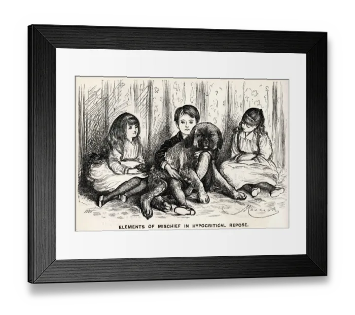 Framed Print : Cartoon, Elements of Mischief in Hypocritical Repose - three children and a dog Framed Print : Cartoon, Elements of Mischief in Hypocritical Repose - three children and a dog