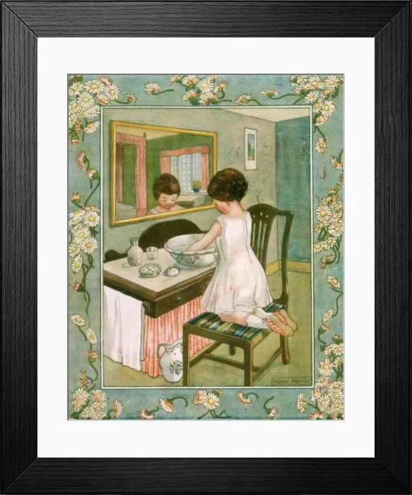 Framed Print : A little girl kneels on a chair and washes her hands in a basin. Date: 1920s? Framed Print : A little girl kneels on a chair and washes her hands in a basin. Date: 1920s?