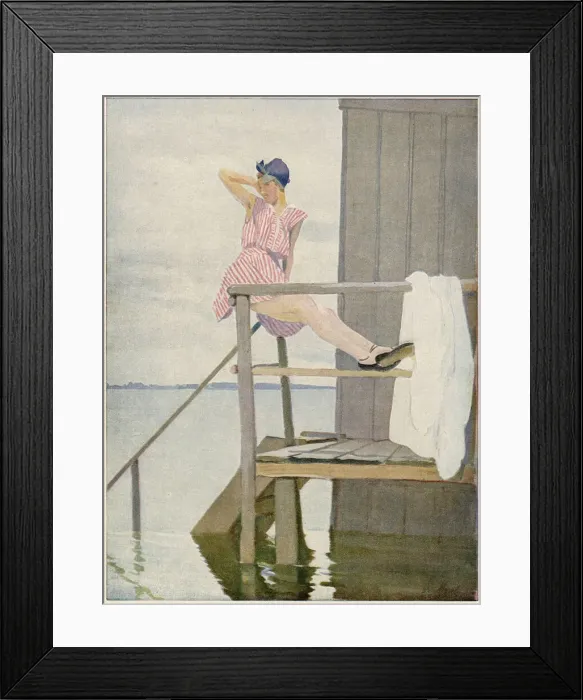 Framed Print : A young lady displays her legs on the platform of her beach cabin. Date: 1916 Framed Print : A young lady displays her legs on the platform of her beach cabin. Date: 1916