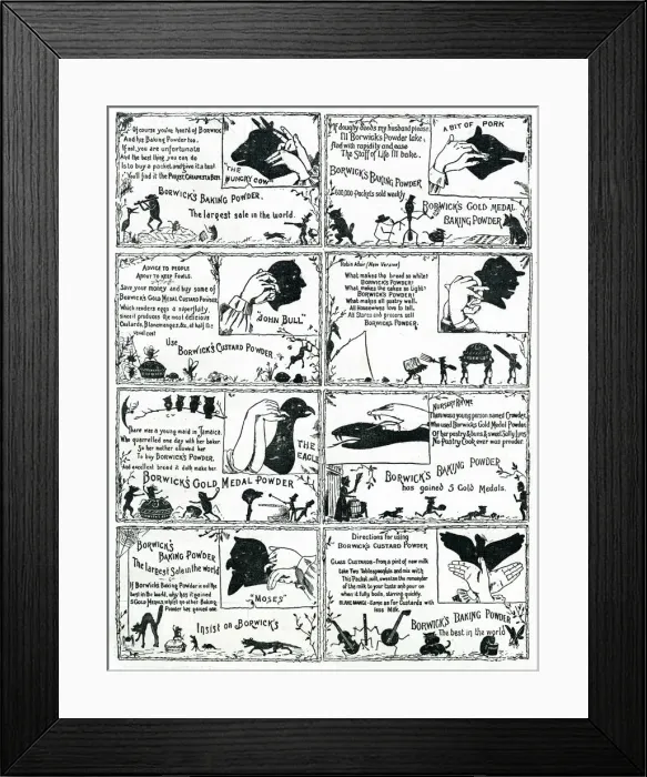 Framed Print : A range of hand silhouettes of animals, to advertise Borwicks Baking Powder Framed Print : A range of hand silhouettes of animals, to advertise Borwicks Baking Powder