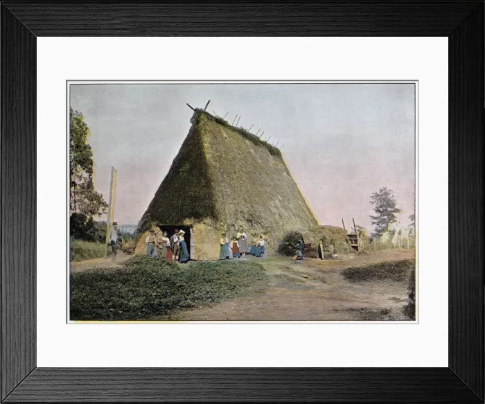 Framed Print : Italian peasant home with a steep thatched roof, near Ostia Date: 1890s Framed Print : Italian peasant home with a steep thatched roof, near Ostia Date: 1890s