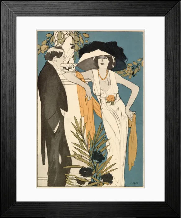 Framed Print : Vampish femme fatale in a sleeveless, decollete gown worn with a shawl, floral corsage Framed Print : Vampish femme fatale in a sleeveless, decollete gown worn with a shawl, floral corsage