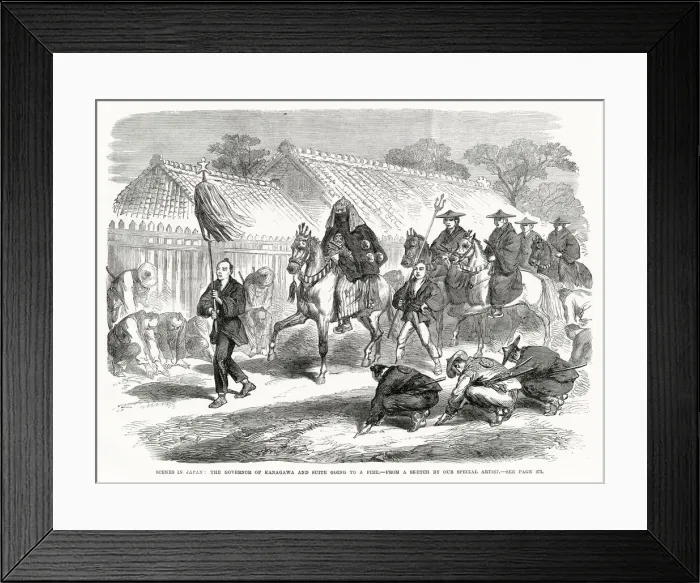 Framed Print : The governor of Kanagawa and his suite ride through the streets