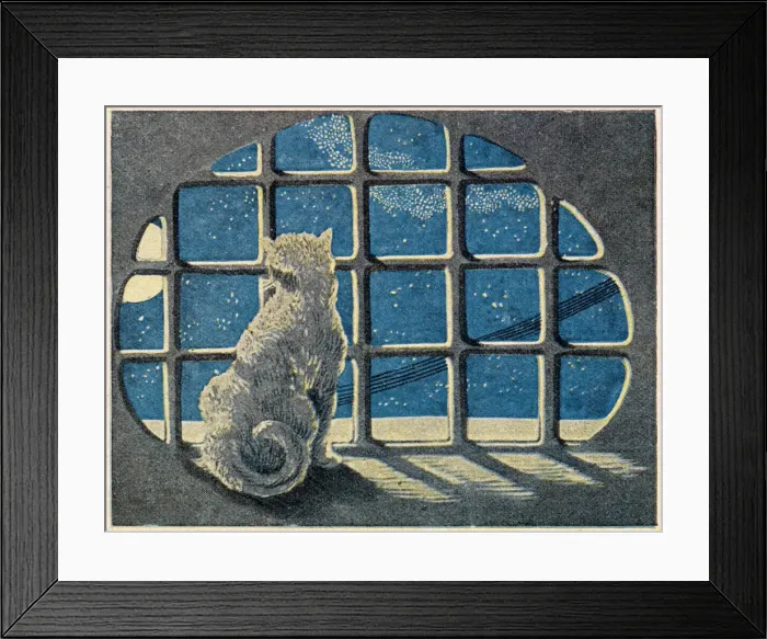 Framed Print : A cat sits by a window and gazes at the moon and night sky Framed Print : A cat sits by a window and gazes at the moon and night sky
