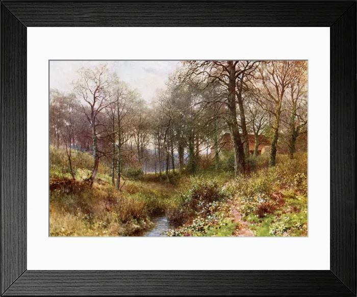 Framed Print : Woods near Haslemere, Surrey, with a stream running through and farm buildings nearby Framed Print : Woods near Haslemere, Surrey, with a stream running through and farm buildings nearby