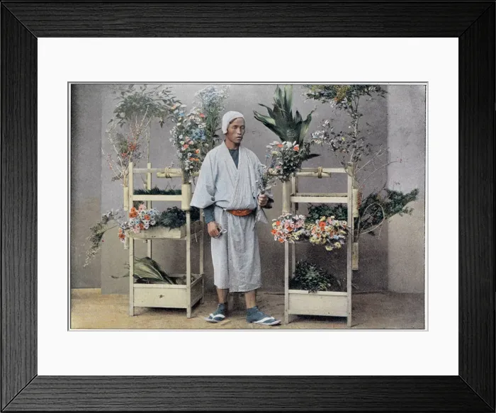 Framed Print : A Japanese flower seller stands by a portable stall made of bamboo with integral holders Framed Print : A Japanese flower seller stands by a portable stall made of bamboo with integral holders
