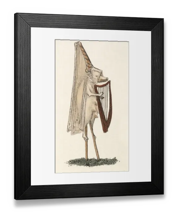 Framed Print : A long snouted sow plays a harp, walks on stilts and wears the fashionable French Framed Print : A long snouted sow plays a harp, walks on stilts and wears the fashionable French