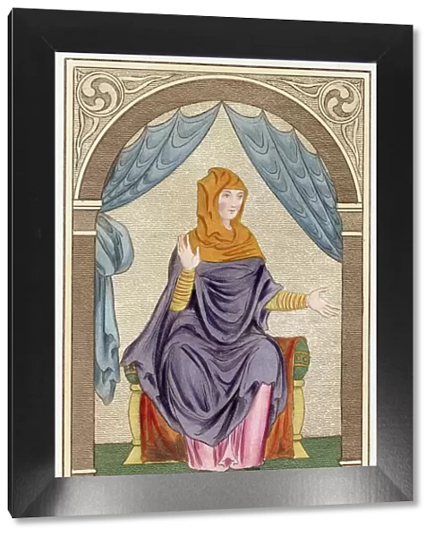 Anglo-Saxon lady in a pink tunic or kirtle underneath a purple draped mantle