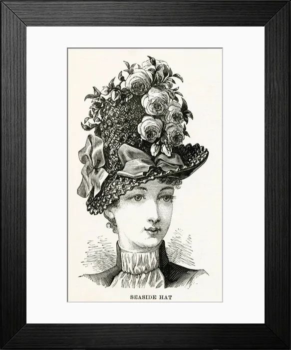 Framed Print : Woman wearing a coarse brown straw hat, lined with brown velvet shade mordore Framed Print : Woman wearing a coarse brown straw hat, lined with brown velvet shade mordore