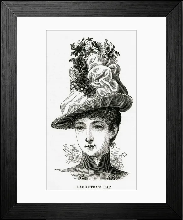 Framed Print : Woman wearing lace straw hat with deep maize shade, trimmed with maize crepe Framed Print : Woman wearing lace straw hat with deep maize shade, trimmed with maize crepe