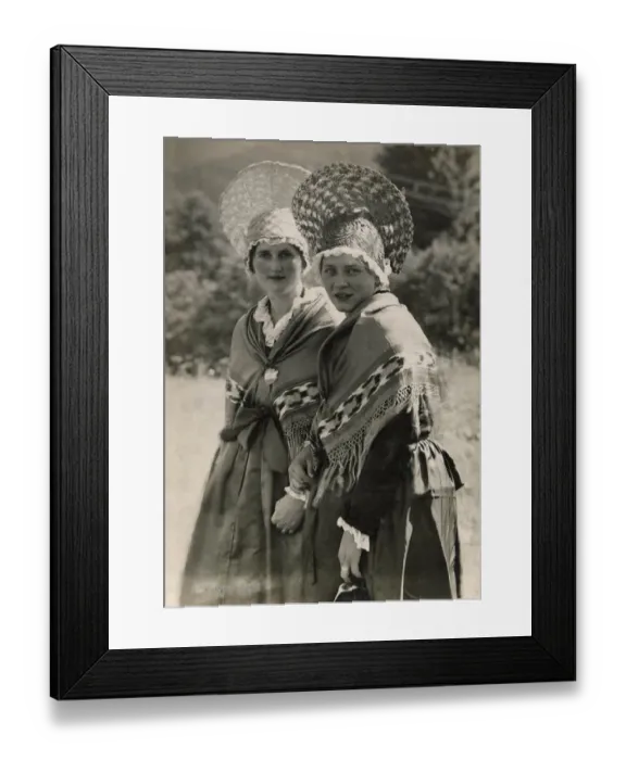 Framed Print : Two Swiss girls wearing traditional Zurich peasant costumes including shawls Framed Print : Two Swiss girls wearing traditional Zurich peasant costumes including shawls