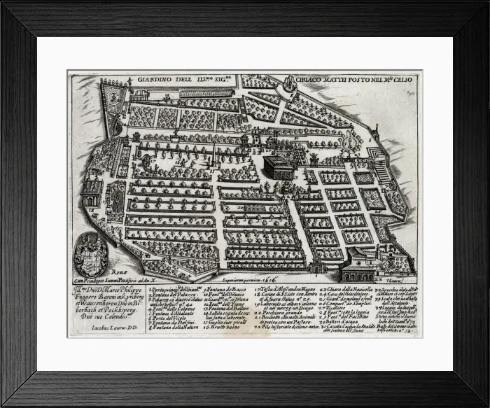 Framed Print : Bird s-eye view of the garden the illustrious Ciriaco Mattei, at Rome Framed Print : Bird s-eye view of the garden the illustrious Ciriaco Mattei, at Rome